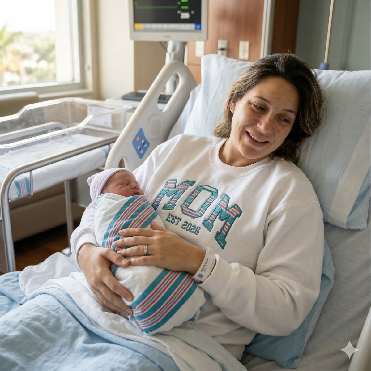 A woman in a hospital bed holds a newborn baby wrapped in a white blanket with red and blue stripes. She wears a white sweatshirt with 'MOM EST 2026' printed on the front.